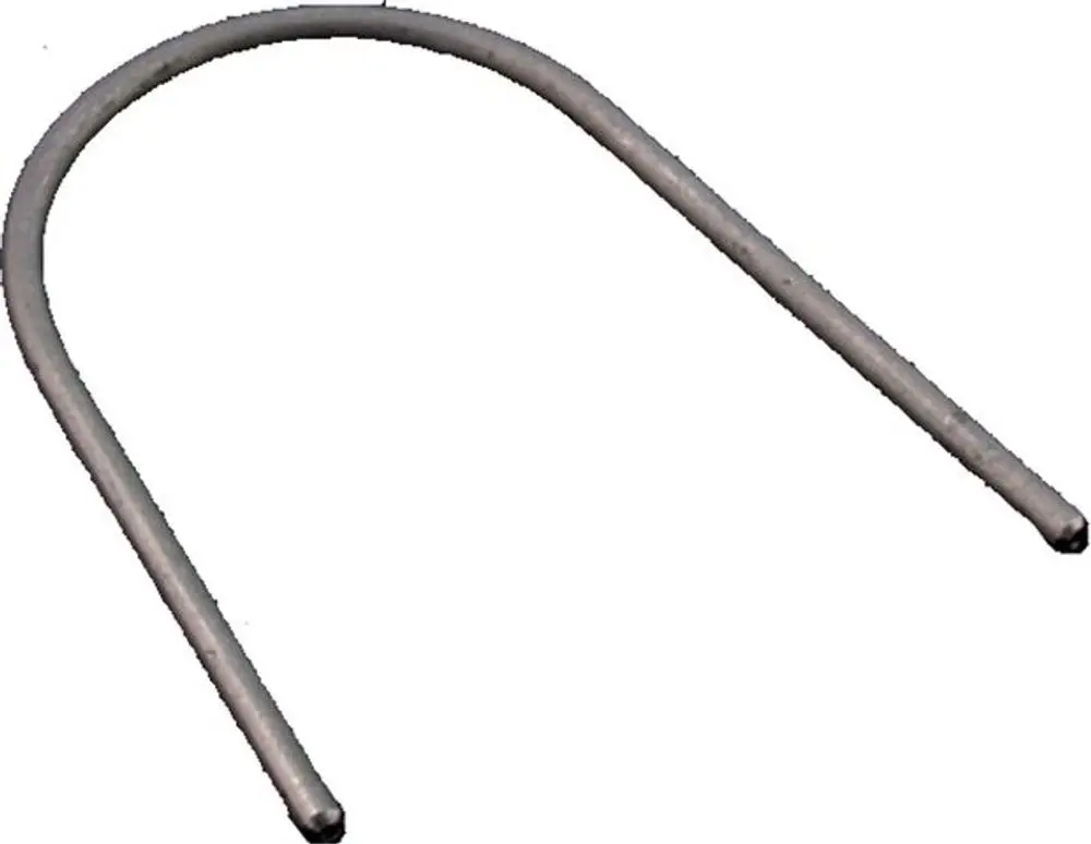 Sicherungsbügel aus Metall, gebogen, mit zwei geraden Enden. Teil einer Heizkreispumpe, möglicherweise von der Marke Wolf.